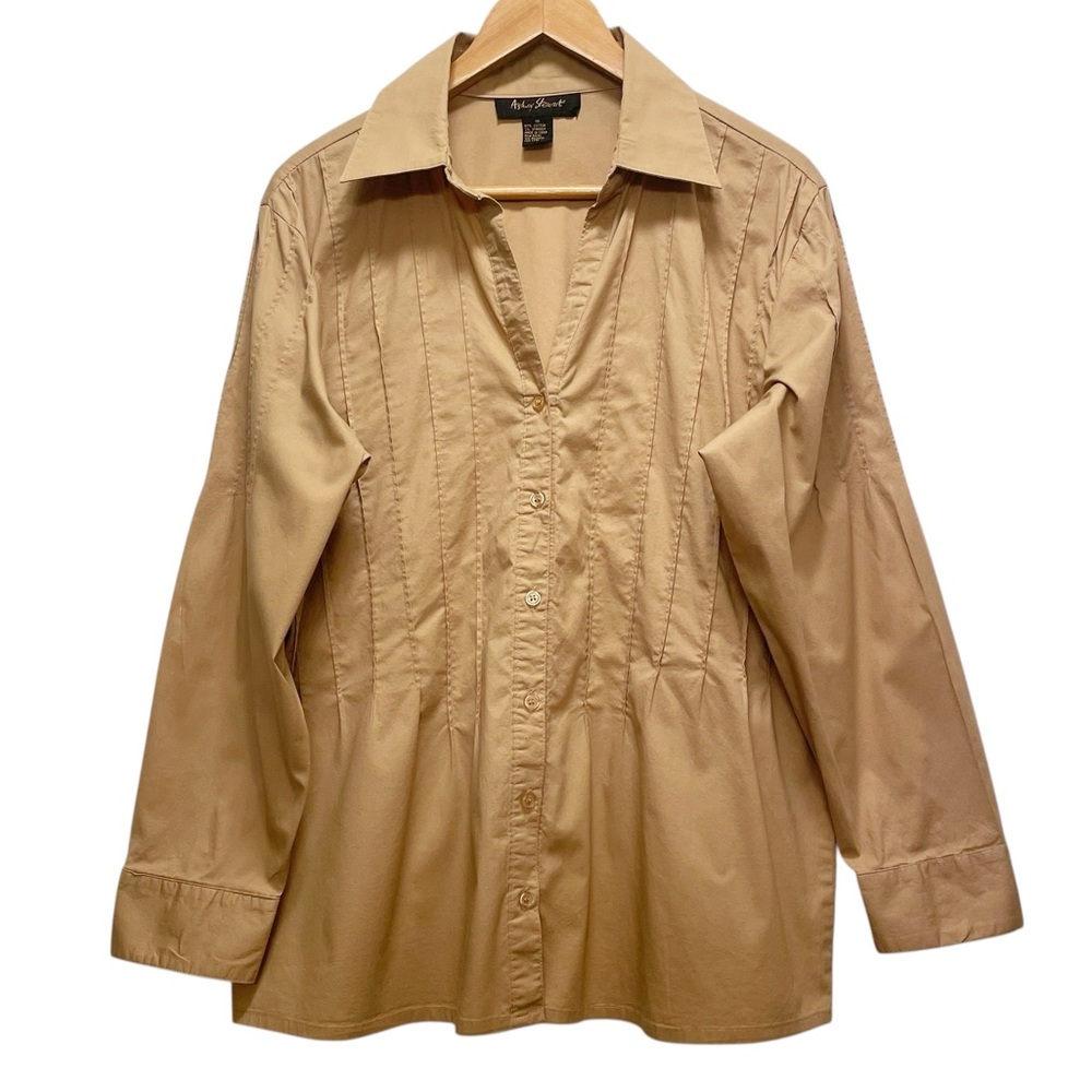 FLAWs Ashley Stewart Tan Long Sleeve Blouse Pintucks Feminine Flowy Sz 16 Beige